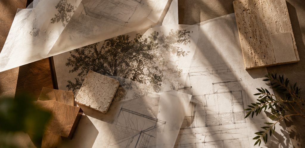 Croquis, planos y muestras de piedra sobre la mesa de trabajo
