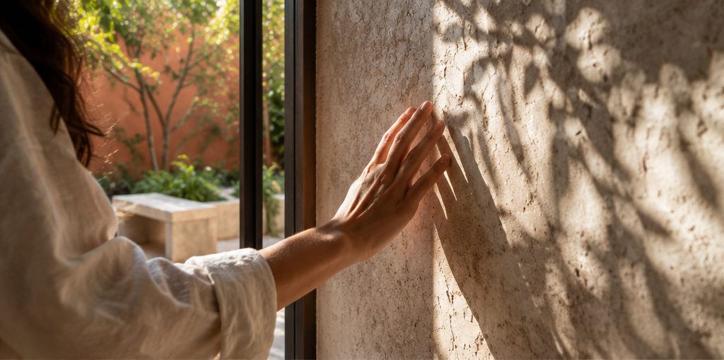 Mano sobre un muro de piedra con sombras de hojas