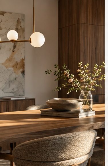 Comedor con lámpara de globos y mesa de madera